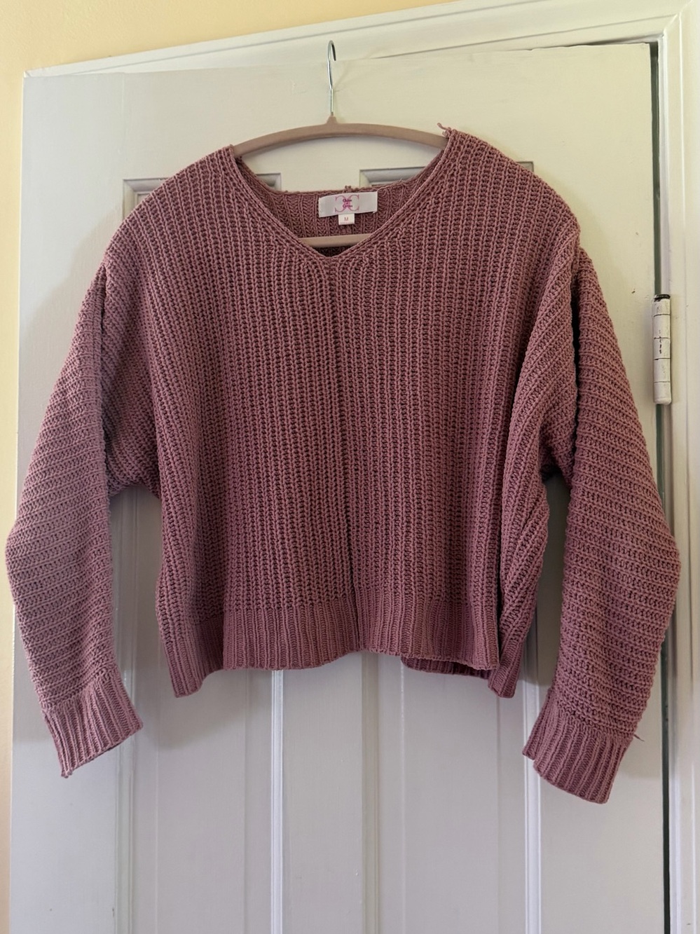 Cropped Ribbed Knit Crewneck Sweater - Dusty Rose